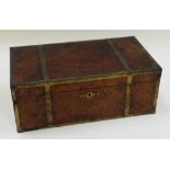 A BURR-WALNUT CAMPAIGN STYLE LAP-DESK with brass reinforcements, carry-handles and escutcheon, the