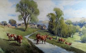 MAURICE KENT watercolour - farm scene with herd of cows, entitled verso, 'Dowman's Farm, Coberley,