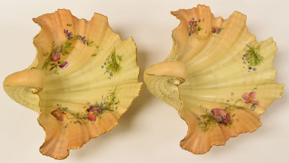 PAIR OF WORCESTER BLUSH IVORY SHELL-DISHES raised on shell-form feet and floral painted interiors ( - Image 2 of 2