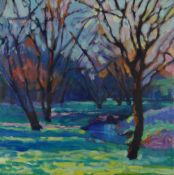 SUE MCDONAGH acrylic - landscape entitled 'Winter Trees', signed, 34 x 34cms