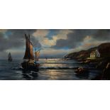 A MENNEC oil on canvas - harboured fishing boats, 58 x 119cms
