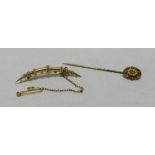 A YELLOW METAL (BELIEVED GOLD) CRESCENT BROOCH & A 15CT TIE-PIN