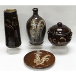 A WILLIAM FISHLEY HOLLAND STUDIO POTTERY COLLECTION OF FOUR, each brown glazed with sgraffito