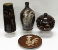 A WILLIAM FISHLEY HOLLAND STUDIO POTTERY COLLECTION OF FOUR, each brown glazed with sgraffito