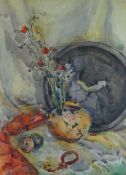 BRITISH SCHOOL watercolours, a trio - each still life with objects on a table, one indistinctly