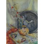BRITISH SCHOOL watercolours, a trio - each still life with objects on a table, one indistinctly
