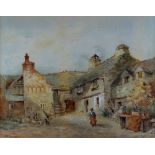 WELSH SCHOOL watercolour - farm building with courtyard and lady in Welsh costume, indistinctly