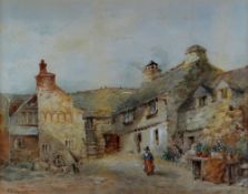 WELSH SCHOOL watercolour - farm building with courtyard and lady in Welsh costume, indistinctly