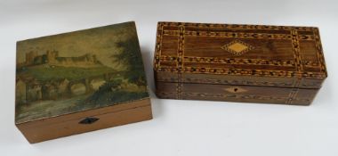 A CHARMING LATE VICTORIAN PINE SEWING BOX having a landscape print lid, the interior with