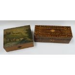 A CHARMING LATE VICTORIAN PINE SEWING BOX having a landscape print lid, the interior with