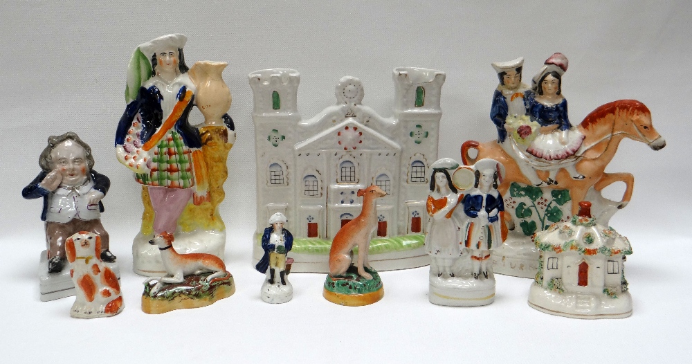 VARIOUS NINETEENTH CENTURY STAFFORDSHIRE POTTERY MODELS including 'Toby taking Snuff', castle-folly,