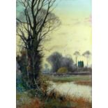 HENRY CHARLES FOX watercolour - rural scene with river, grazing sheep and church beyond, signed,