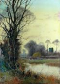 HENRY CHARLES FOX watercolour - rural scene with river, grazing sheep and church beyond, signed,