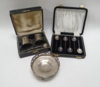 A CASED STERLING SILVER PAIR OF TANKARD MEASURES & A SILVER DISH & A CASED COFFEE-SPOON SET, 4.
