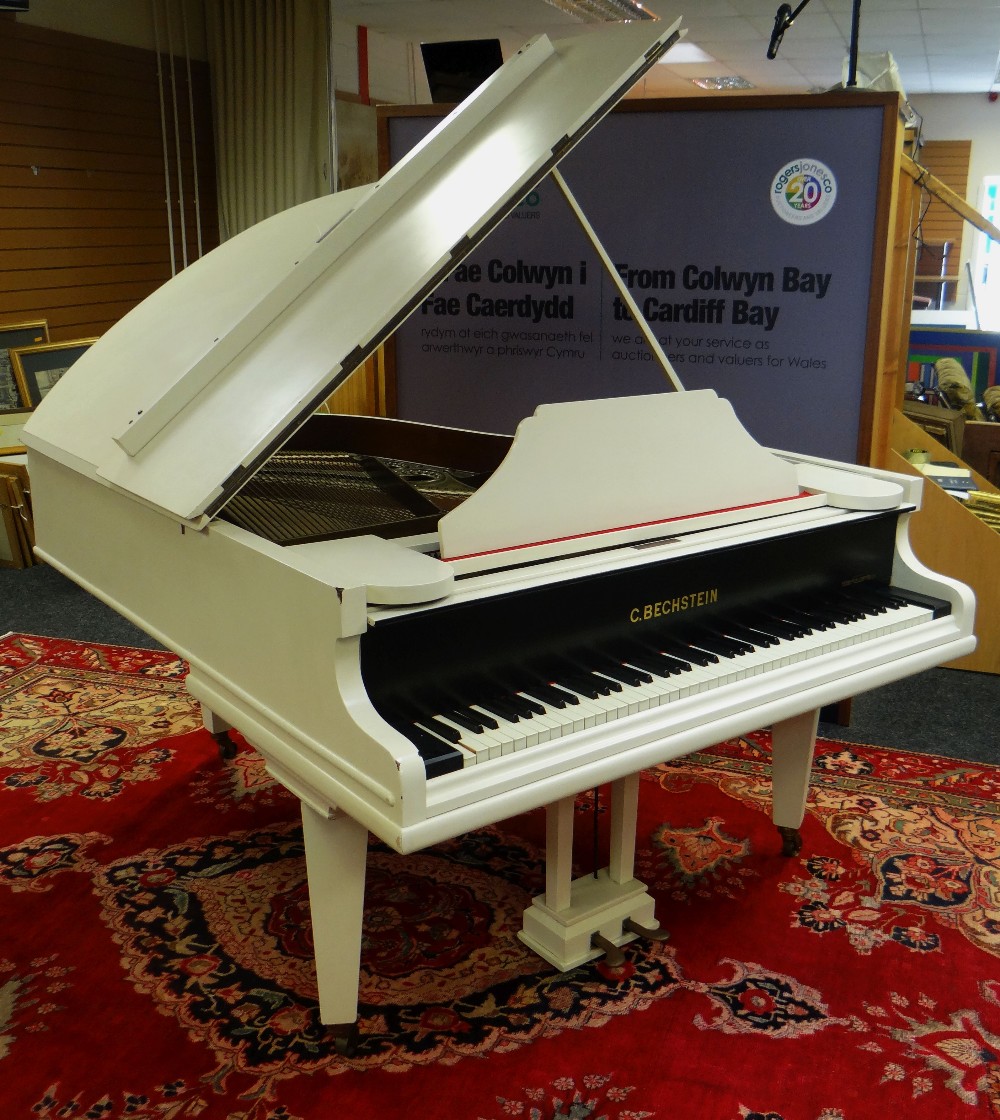 A BECHSTEIN BABY GRAND PIANO on square tapered supports, numbered 100334, 178cms long (painted off- - Image 3 of 4