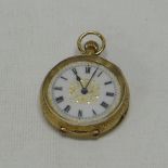A LADIES 18CT YELLOW GOLD ANTIQUE FOB-WATCH having a floral chased case and with white enamel dial