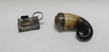 A SCOTTISH RAM'S HORN SNUFF MULL & A SILVER VESTA CASE, the mull with silver hinged lid with mineral