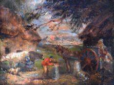 JAMES WARD oil on panel, a pair - village scenes with figures and animals, in gilt frames with