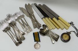 LOOSE MIXED CUTLERY, A SILVER POCKET WATCH & A WW1 1914-18 CAMPAIGN MEDAL inscribed to Pte C H