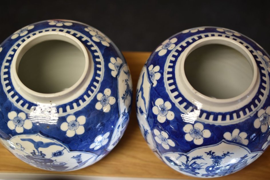 A PAIR OF CHINESE BLUE & WHITE JARS & COVERS each with four panels featuring items of domesticity - Image 2 of 11