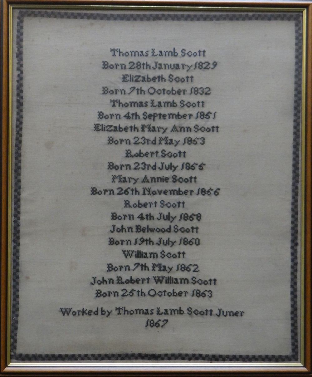 A MID-VICTORIAN FAMILY-TREE SAMPLER FOR THE SCOTT FAMILY, dated 1867, 60 x 50cms