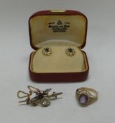 A 9CT AMETHYST RING, AN INSECT BROOCH & A PAIR OF PEARL & SAPPHIRE EARRINGS