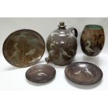 A WILLIAM FISHLEY HOLLAND STUDIO POTTERY SUITE in grey-brown glaze, each sgraffito-slipware