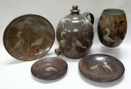 A WILLIAM FISHLEY HOLLAND STUDIO POTTERY SUITE in grey-brown glaze, each sgraffito-slipware