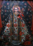 SOUTH AMERICAN SCHOOL oil on canvas - icon featuring Lady of Mercy in elaborate dress and with two