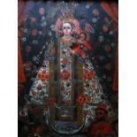 SOUTH AMERICAN SCHOOL oil on canvas - icon featuring Lady of Mercy in elaborate dress and with two