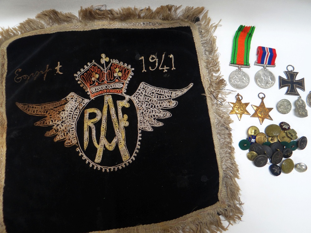 A 1941 RAF EGYPT CAMPAIGN EMBROIDERY, A QUANTITY OF MILITARY BUTTONS AND A BOXED MEDAL GROUP TO HJ