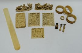 A PARCEL OF EARLY TWENTIETH CENTURY CHINESE IVORY ITEMS comprising card case with pull-lid,