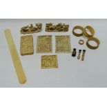 A PARCEL OF EARLY TWENTIETH CENTURY CHINESE IVORY ITEMS comprising card case with pull-lid,