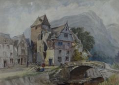 C. ELLIS watercolour - continental village Alpine-like landscape, signed and dated June 4th 1888, 30