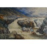W. BATES watercolour - Scottish Highlands with fast-flowing river and waterfalls, signed, 25 x