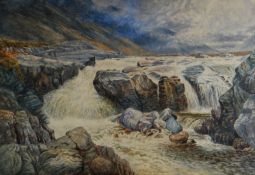 W. BATES watercolour - Scottish Highlands with fast-flowing river and waterfalls, signed, 25 x