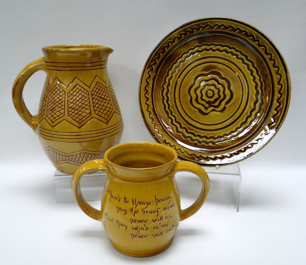 A WILLIAM FISHLEY HOLLAND STUDIO POTTERY GROUP OF THREE each in yellow glazed slipware, comprising