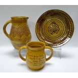 A WILLIAM FISHLEY HOLLAND STUDIO POTTERY GROUP OF THREE each in yellow glazed slipware, comprising