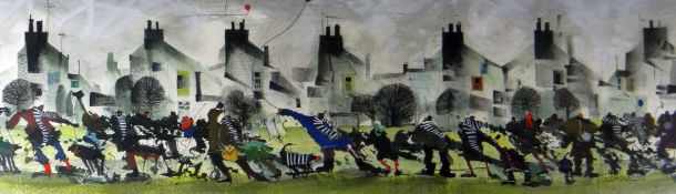 SUE HOWELLS mixed media - park scene with terraced houses and figures on a windy day, entitled verso