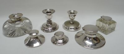 COLLECTION OF SEVEN VARIOUS SILVER / PART-SILVER INKWELLS