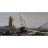 RICHARD SHORT watercolour - coastal scene with fishing boats and figures beside a lighthouse,