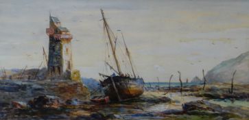 RICHARD SHORT watercolour - coastal scene with fishing boats and figures beside a lighthouse,