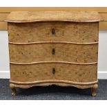 A NINETEENTH CENTURY CONTINENTAL THREE DRAWER SERPENTINE FRONTED COMMODE with parquetry top, front