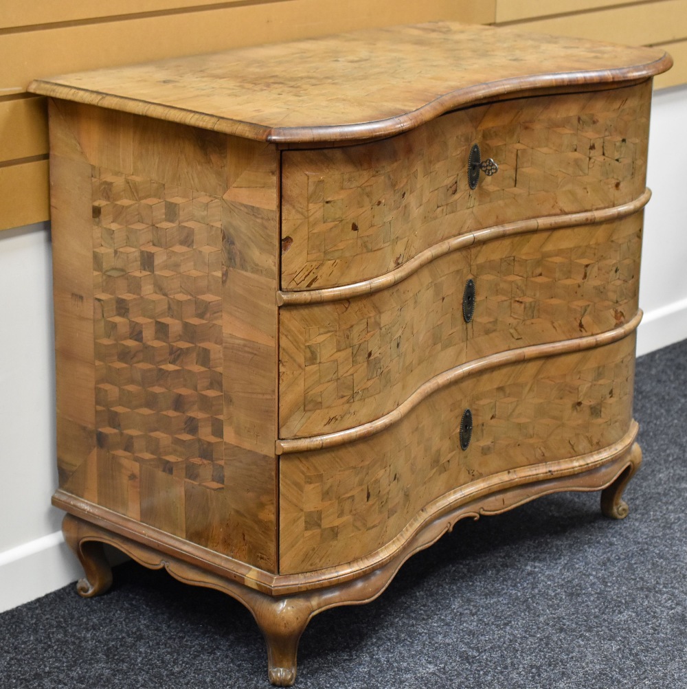 A NINETEENTH CENTURY CONTINENTAL THREE DRAWER SERPENTINE FRONTED COMMODE with parquetry top, front - Image 2 of 3