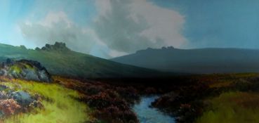 REGINALD D. SHERRIN gouache - moorland landscape with the river entitled verso, 'Dartmoor', signed