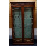 A REPRODUCTION MAHOGANY DISPLAY CABINET with two panelled glazed doors and geometric carved