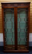 A REPRODUCTION MAHOGANY DISPLAY CABINET with two panelled glazed doors and geometric carved