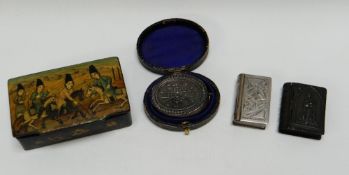 A RELIGIOUS WAX SEAL, TWO MINIATURE METAL BIBLE-CASES (ONE WITH ARABIC TEXT) & A RAJASTHAN BOX, the