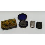A RELIGIOUS WAX SEAL, TWO MINIATURE METAL BIBLE-CASES (ONE WITH ARABIC TEXT) & A RAJASTHAN BOX, the