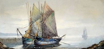 A. LEVEQUE oil on canvas - harboured fishing boats, 29 x 59cms